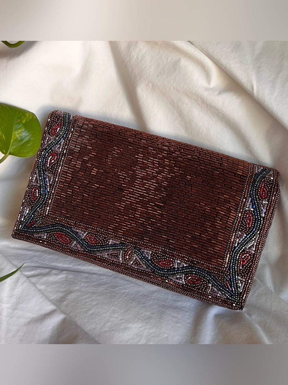 Walborg Brown Beaded Clutch with Multicolor Trim